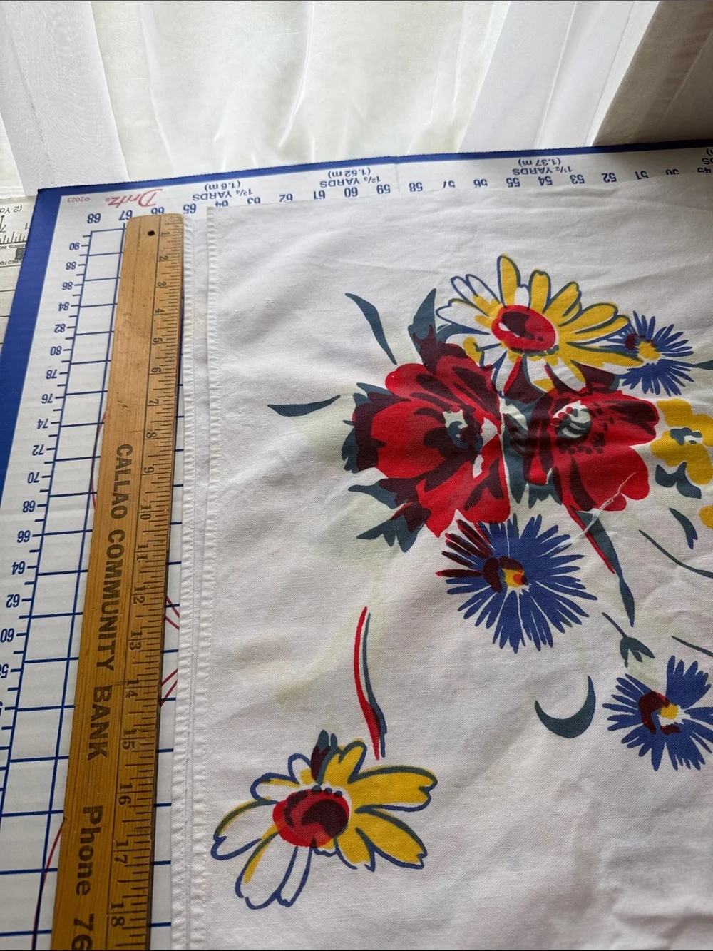 Vintage 50s Floral Tablecloth 64 x 52 Red Yellow Blue Cotton Kitchen Linen